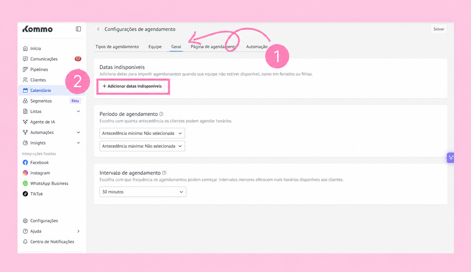 Settings page for scheduling with highlighted options for unavailable dates and time intervals.